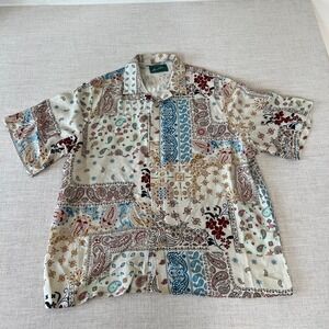 NEW Maison Article Shirt Mens Large Beige Button Up Short Sleeve Paisley Bandana
